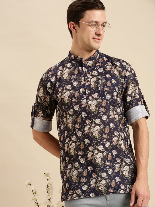 Men’s Navy Blue Floral Printed Pathani Kurta | Ethnic Casual Long Sleeve Kurta