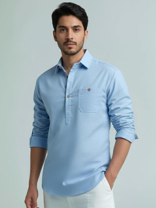 Novasol Men’s Sky Blue Solid Casual Shirt – Full Sleeve Cotton Blend Smart Casual Shirt